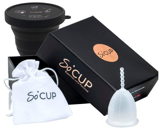 Coupe menstruelle made in france SO CUP d'hygiène féminine intime, pour remplacer tampon hygiénique féminin, version avec stérilisateur pour nettoyage